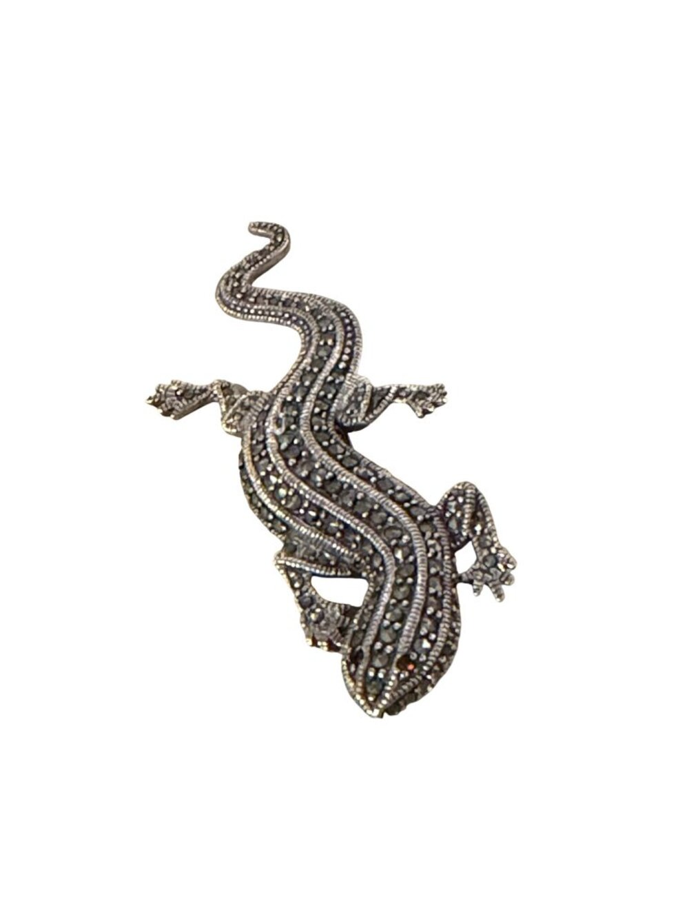 Vintage Signed 925 Lizard Gecko Brooch Pin Marcasite Garnet Eyes Textured 3" 13g - Picture 6 of 10